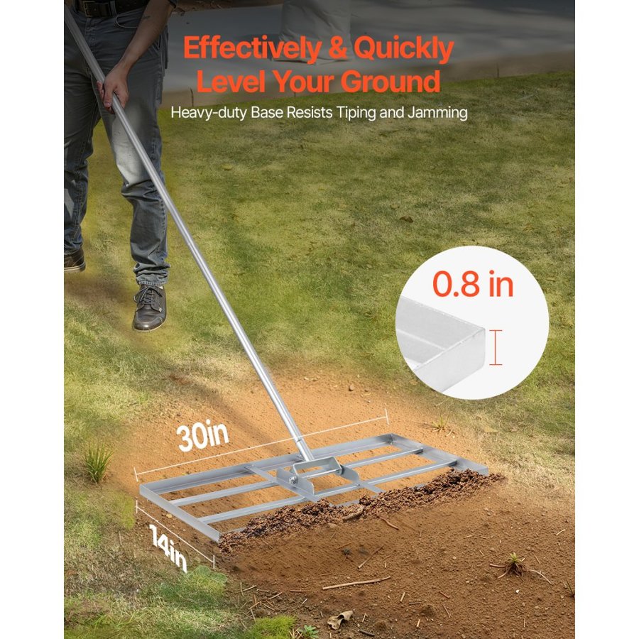 VEVOR Lawn Leveling Rake, Lawn Leveler with 83.9 in Handle, 48x10 in Ground Plate, Rust-Resistant Carbon Steel Soil Leveler, 2 Heights Adjustable, Effort Saving Lawn Leveling Tool for Yard Golf Court
