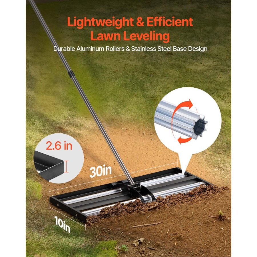 VEVOR Updated Lawn Leveling Rake with Roller, 30" x 10" Stainless Steel Lawn Leveler with 83.9" Adjustable Handle, Heavy Duty Yard Leveling Rake, Effort Saving Lawn Leveling Tool for Yard Golf Court