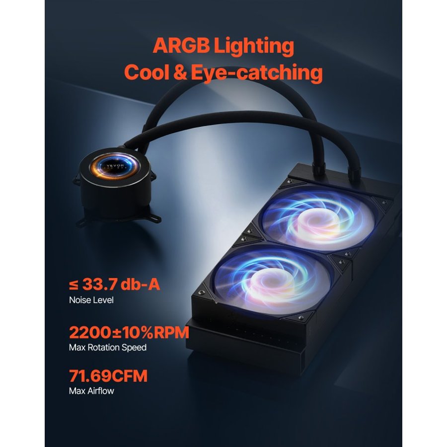 VEVOR CPU Liquid Cooler, AIO CPU Water Cooler - 120mm PWN Fans & Pump, Customizable Black PC Liquid Cooler with 2.1" LCD Display & ARGB light, for Intel 115X/1366/2011/1700/1200, AMD AM4/AM5