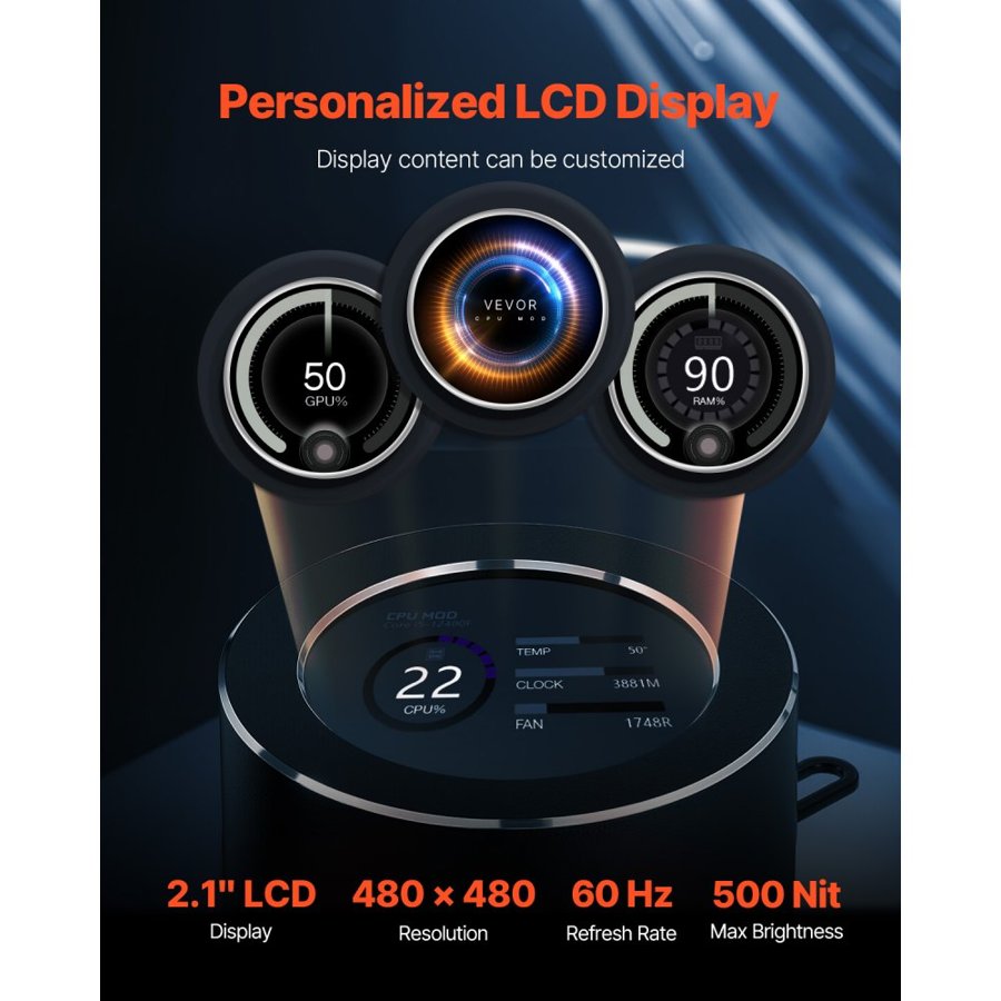 VEVOR CPU Liquid Cooler, AIO CPU Water Cooler - 3 x 120mm PWN Fans & Pump, Customizable Black PC Liquid Cooler with 2.1" LCD Display & ARGB light, for Intel 115X/1366/2011/1700/1200, AMD AM4/AM5
