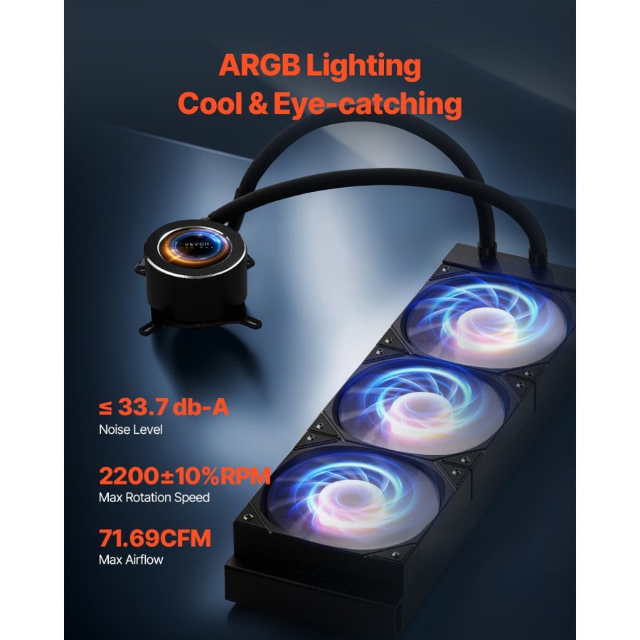 VEVOR CPU Liquid Cooler, AIO CPU Water Cooler - 3 x 120mm PWN Fans & Pump, Customizable Black PC Liquid Cooler with 2.1" LCD Display & ARGB light, for Intel 115X/1366/2011/1700/1200, AMD AM4/AM5