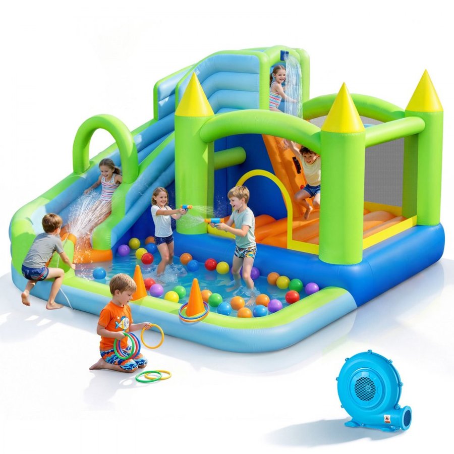 VEVOR Inflatable Bounce House, 11.3 x 12.3 x 7.0 ft Inflatable Bounce House Water Slide, Bouncer Castle with Castle Bounces, Basketball Hoop, Splash Pool & Water Ring Toss, for 3 to 4 Kids Ages 3 to 8