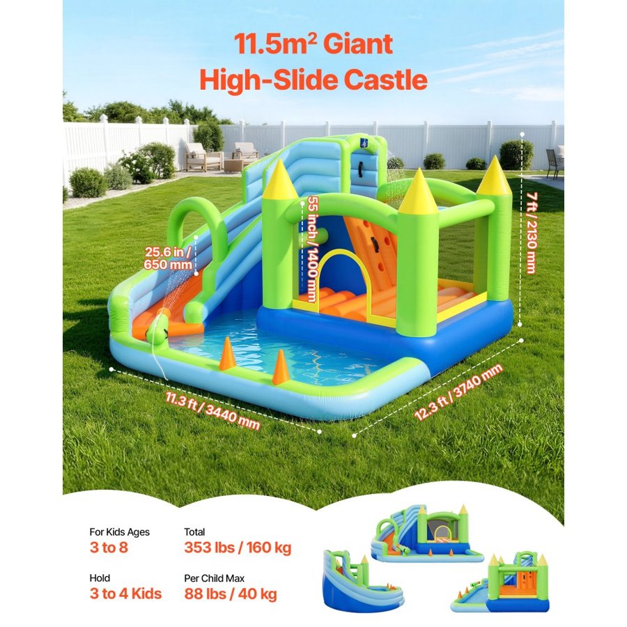 VEVOR Inflatable Bounce House, 11.3 x 12.3 x 7.0 ft Inflatable Bounce House Water Slide, Bouncer Castle with Castle Bounces, Basketball Hoop, Splash Pool & Water Ring Toss, for 3 to 4 Kids Ages 3 to 8