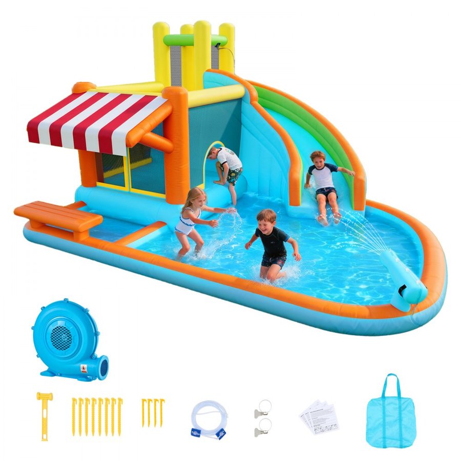 VEVOR Inflatable Bounce House, 14.9 x 12.8 x 7.8 ft Inflatable Bounce House Water Slide, Bouncer Castle with Castle Bounces, Tall Slide, Splash Pool & Pretend Market Booth, for 3 to 4 Kids Ages 3 to 8
