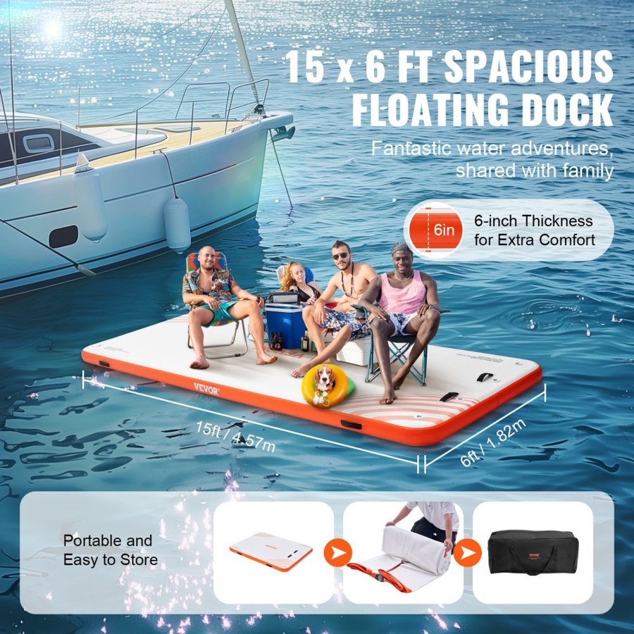 VEVOR Inflatable Floating Dock, 15 x 6FT Inflatable Dock Platform, Non-Slip Water Floating Dock Mat with Portable Carrying Bag & Detachable Ladder, Floating Platform Island Raft for Pool Beach Ocean