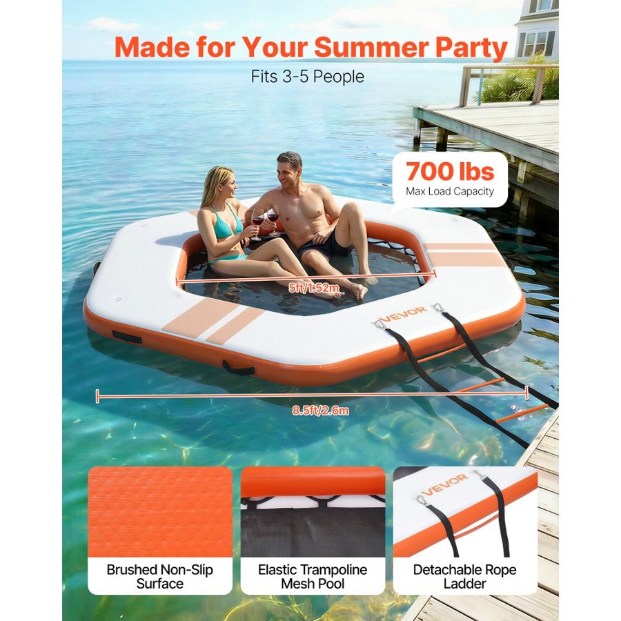 VEVOR Inflatable Floating Dock, 2.6x2.6 M Inflatable Dock Platform, Non-Slip Water Mat with Portable Carrying Bag & Detachable Ladder, Floating Water Platform Island Raft for Pool Beach Ocean, Orange