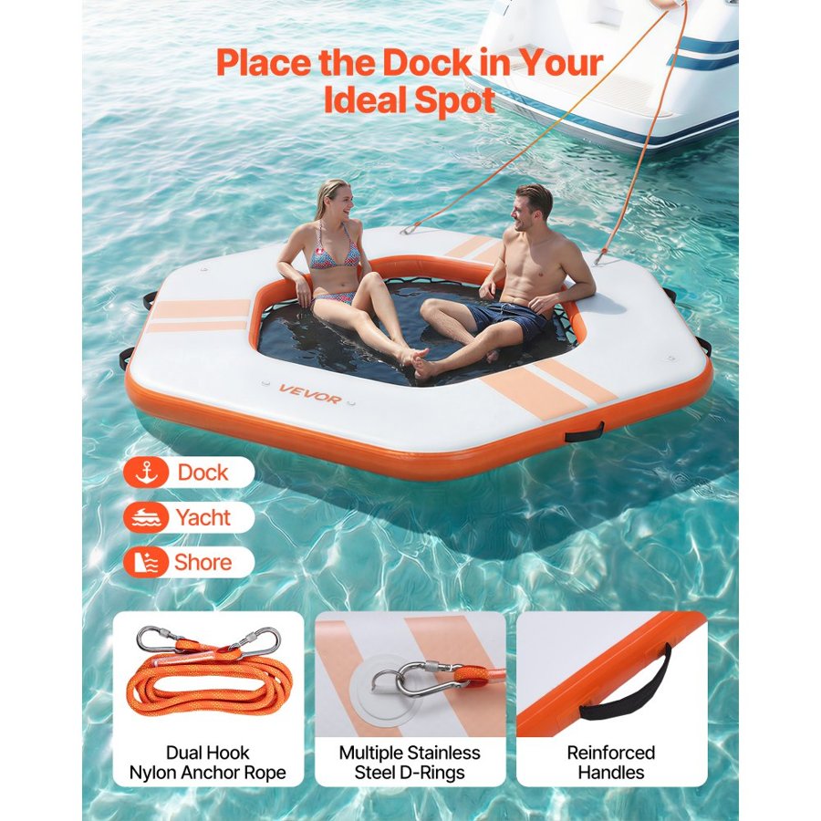 VEVOR Inflatable Floating Dock, 2.6x2.6 M Inflatable Dock Platform, Non-Slip Water Mat with Portable Carrying Bag & Detachable Ladder, Floating Water Platform Island Raft for Pool Beach Ocean, Orange