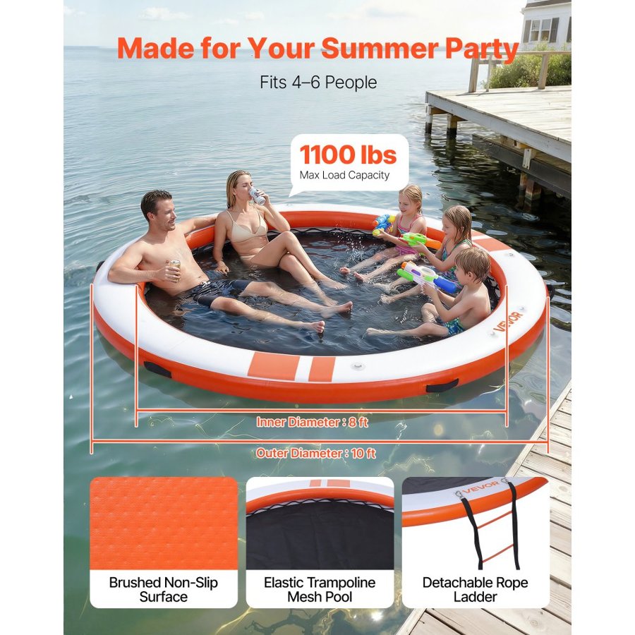 VEVOR Inflatable Floating Dock, 3.05M Inflatable Dock Platform, Non-Slip Water Air Mat with Portable Carrying Bag & Detachable Ladder, Floating Water Platform Island Raft for Pool Beach Ocean, Orange