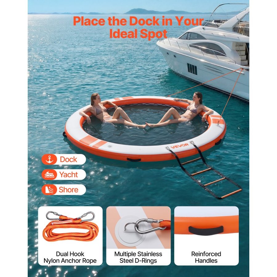 VEVOR Inflatable Floating Dock, 3.05M Inflatable Dock Platform, Non-Slip Water Air Mat with Portable Carrying Bag & Detachable Ladder, Floating Water Platform Island Raft for Pool Beach Ocean, Orange