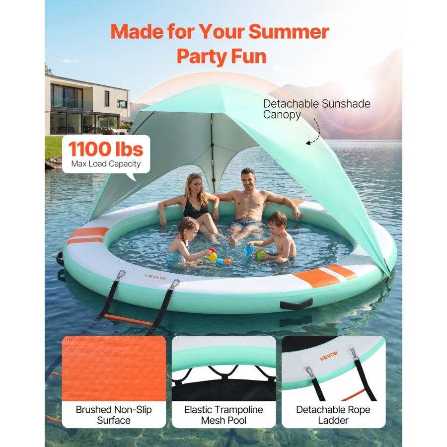 VEVOR Inflatable Floating Dock, 3.05 M Round Inflatable Dock Platform, Non-Slip Water Floating Dock Mat with Portable Carrying Bag & Detachable Ladder, Float Platform Island Raft for Pool Beach Ocean