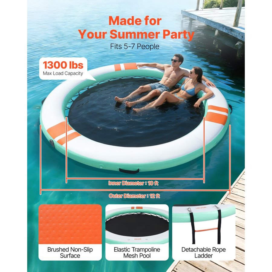 VEVOR Round Inflatable Floating Dock – 12 ft, 8-10 People