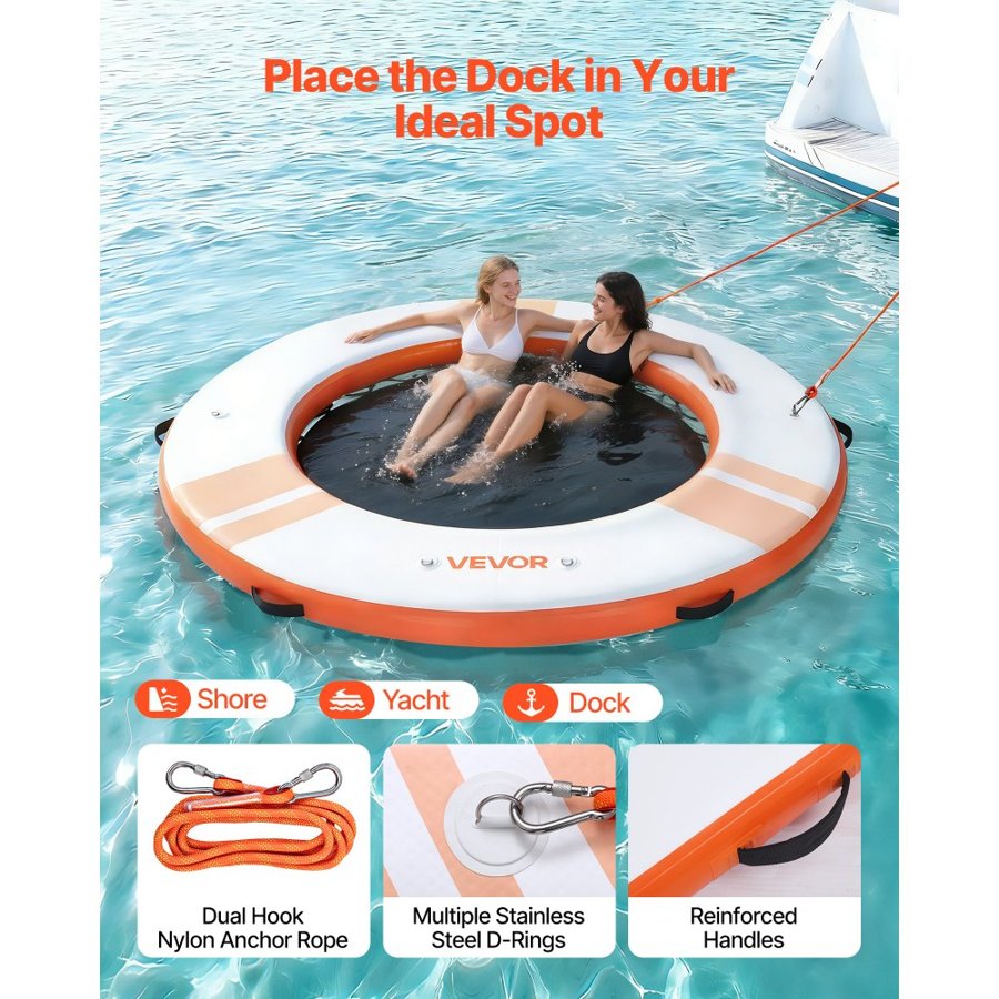 VEVOR Inflatable Floating Dock, 2.44 M Inflatable Dock Platform, Non-Slip Water Air Mat with Portable Carrying Bag & Detachable Ladder, Floating Water Platform Island Raft for Pool Beach Ocean, Orange