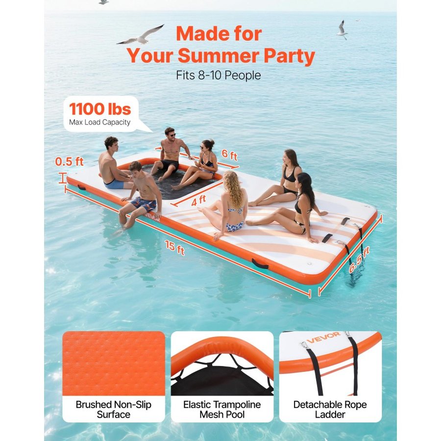 VEVOR Inflatable Floating Dock, 4.57 x 1.98 M Inflatable Dock Platform, Non-Slip Water Air Mat with Portable Carrying Bag & Detachable Ladder, Floating Water Platform Island Raft for Pool Beach Ocean