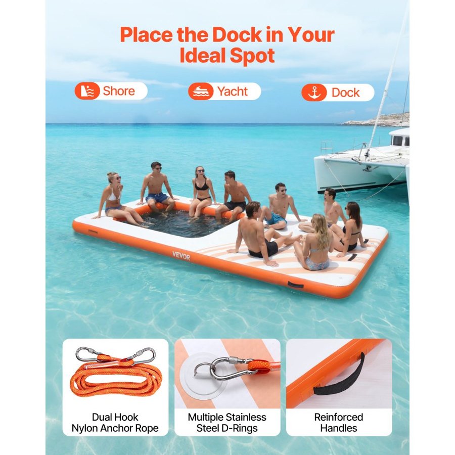 VEVOR Inflatable Floating Dock, 4.57 x 1.98 M Inflatable Dock Platform, Non-Slip Water Air Mat with Portable Carrying Bag & Detachable Ladder, Floating Water Platform Island Raft for Pool Beach Ocean