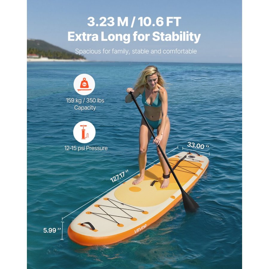 VEVOR Inflatable Stand Up Paddle Board, 3.23m x 84cm x 15cm Wide Ultra-Light SUP Paddleboard, All Accessories Included, Pump, Paddle, Fin, Backpack, Ankle Leash, Strap, Non-slip Deck for Youth, Adults