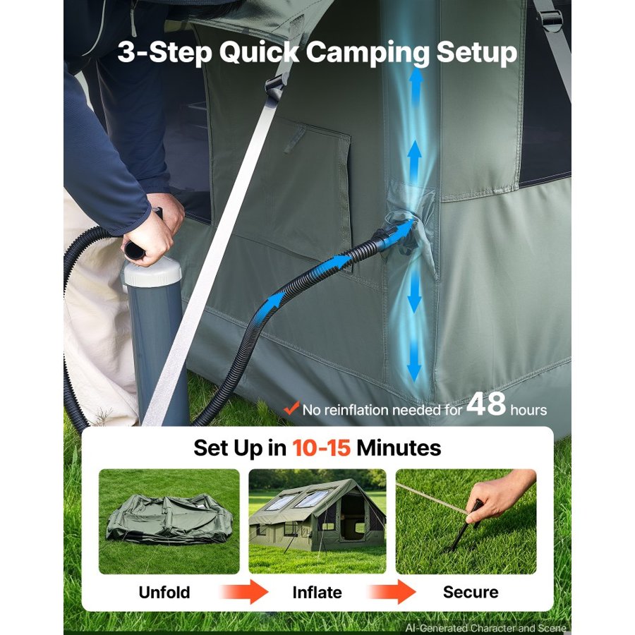 VEVOR Inflatable Tent for Camping 5-8 Person Blow Up Tent with Pump Green, for Family Outdoor Glamping, Waterproof Poly-Cotton, Easy Setup Air House with Skylight, Stove Jack, Mesh Windows & Carry Bag
