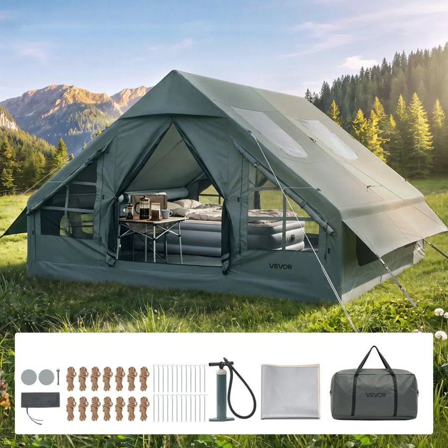VEVOR Inflatable Tent for Camping 5-8 Person Blow Up Tent with Hand Pump, for Family Outdoor Glamping, Waterproof 420D Oxford, Easy Setup Air House with Skylight, Stove Jack, Mesh Windows & Carry Bag