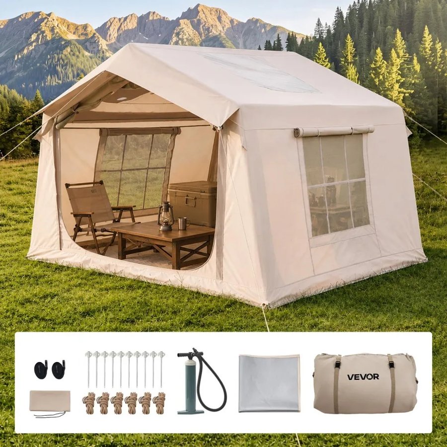 VEVOR Inflatable Tent for Camping 2-4 Person Blow Up Tent with Pump Beige, for Family Outdoor Glamping, Waterproof 420D Oxford, Easy Setup Air House with Skylight, Stove Jack, Mesh Windows & Carry Bag