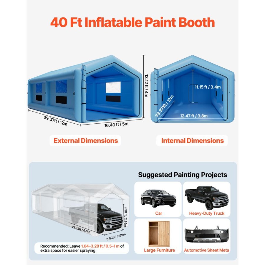 VEVOR Inflatable Spray Paint Booth – 12x5x4 m, Dual Blowers