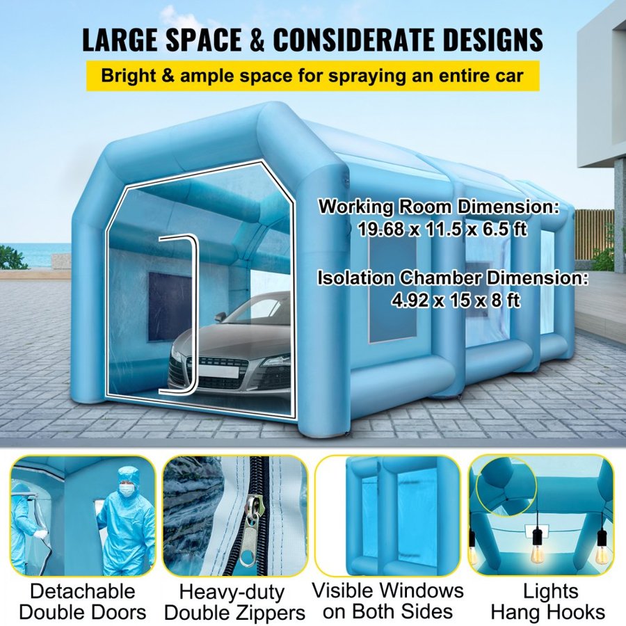 VEVOR Inflatable Tent, 26x15x10Ft Inflatable Spray Booth Tent, Inflatable Paint Booth Tent Car Paint Booth Giant Workstation 210D Oxford Fabric with 2 Blowers