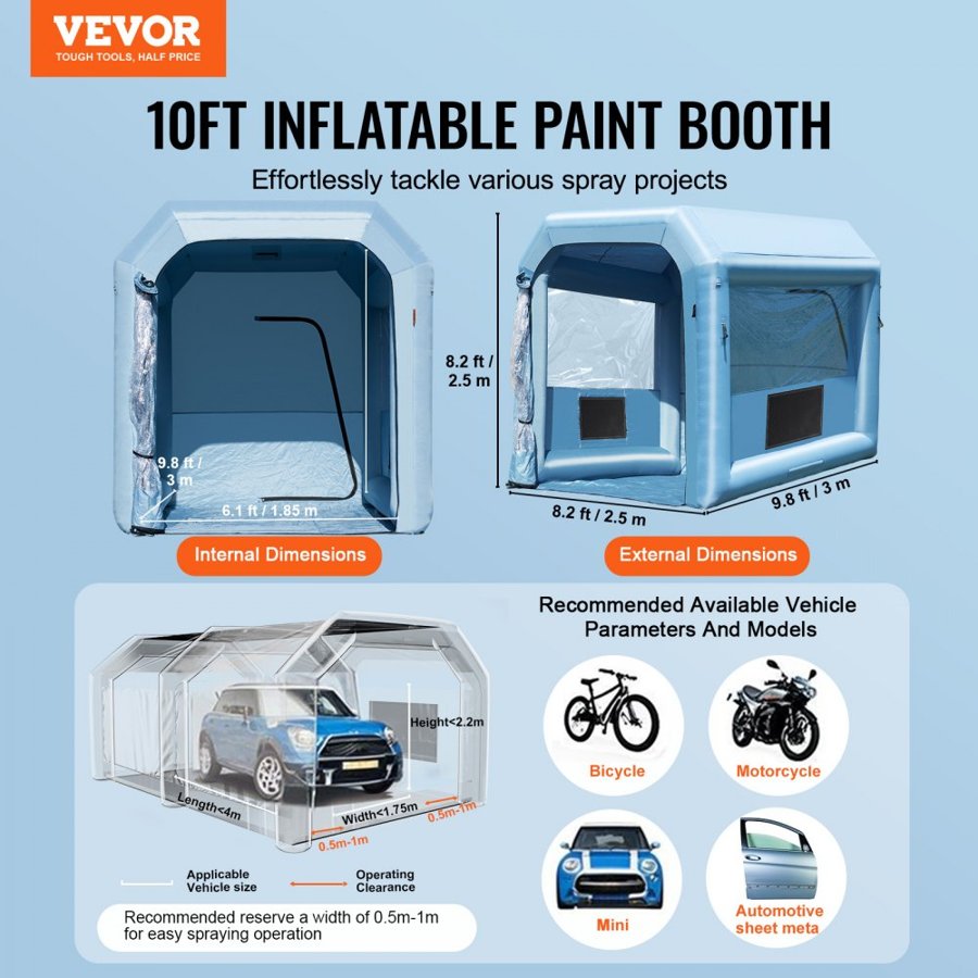 VEVOR Inflatable Paint Booth, 9.8 x 8.2 x 8.2 ft/3 x 2.5 x 2.5 m Inflatable Spray Booth, with 550W Powerful Blower and Air Filter System, Portable Car Paint Booth for Motorcycle, Bicycle, Small Furniture Painting