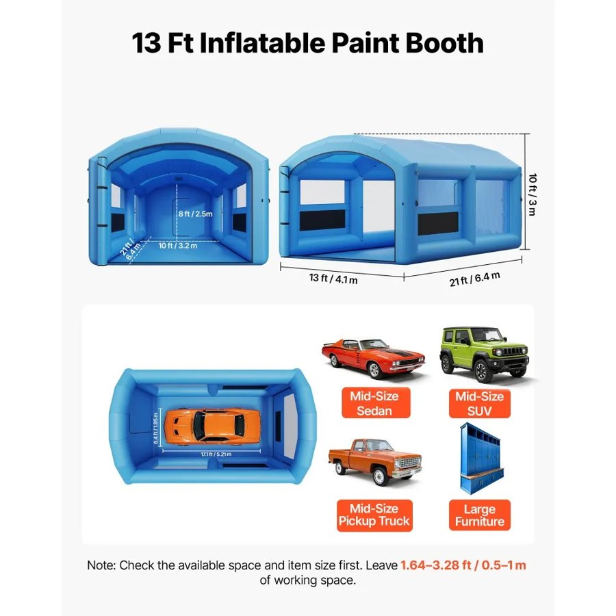VEVOR Inflatable Paint Booth, 6.4 x 4.1 x 3 m, Portable Spray Booth with 1100W Powerful Blower and Large Filter Cotton, Arched Roof Blow Up Painting Tent for Mid-Size Pickup Truck, Large Furniture