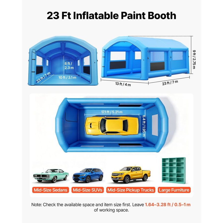 VEVOR Inflatable Paint Booth, 7 x 4 x 2.75 m, Portable Spray Booth with 550W+750W Blowers and Large Filter Cotton, Arched Roof Blow Up Painting Tent for Mid-Size Pickup Truck, Large Furniture, Blue