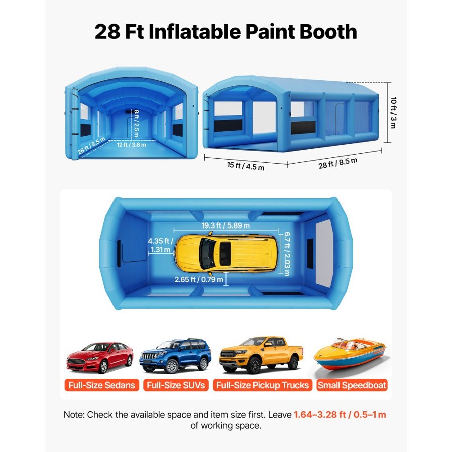 VEVOR Inflatable Paint Booth, 8.5 x 4.5 x 3 m, Portable Spray Booth with 750W+950W Blowers and Large Filter Cotton, Arched Roof Blow Up Painting Tent for Full-Size Pickup Truck, Small Speedboat, Blue