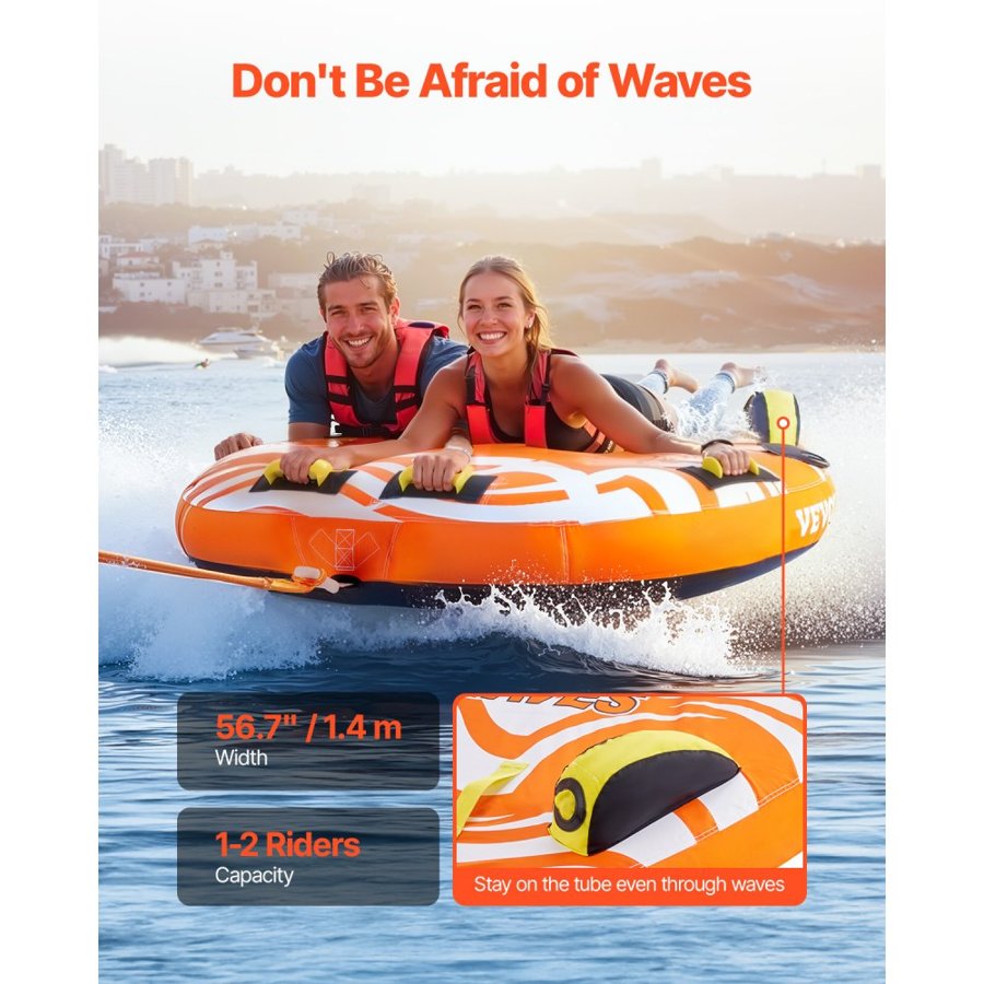 VEVOR Towable Tubes for Boating, 1-2 Riders Inflatable Towable Tube for Boat to Pull, 340lbs Capacity Boat Tubes and Towables for Water Sports - with Fins, Double-Stitched Nylon Cover & Padded Handles