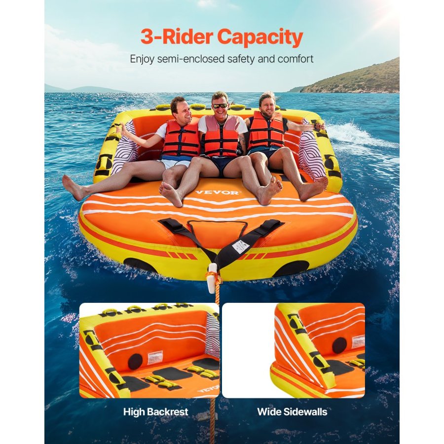 VEVOR 3 Man Boat Tube – 1-3 Rider, 510 LBS, 840D, 16 Handles