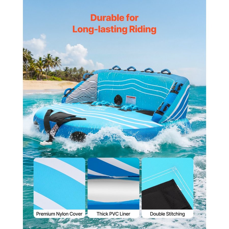 VEVOR Inflatable Towable Tube – 3-Rider, 510 lbs, Dual Tow