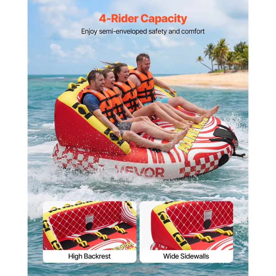 VEVOR Towable Tubes for Boating, 4-Rider Inflatable Towable Tube for Boat to Pull, 308 kg Capacity Water Sports Boating Tubes - with Full Nylon Cover, Dual Tow Points, Safety Valve & Padded Handles