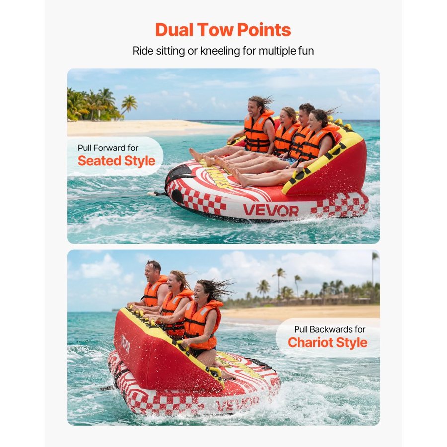 VEVOR Towable Tubes for Boating, 4-Rider Inflatable Towable Tube for Boat to Pull, 308 kg Capacity Water Sports Boating Tubes - with Full Nylon Cover, Dual Tow Points, Safety Valve & Padded Handles