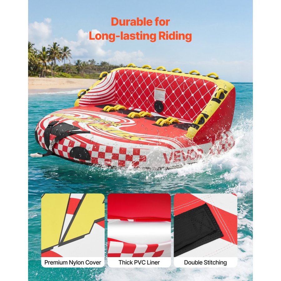 VEVOR Towable Tubes for Boating, 4-Rider Inflatable Towable Tube for Boat to Pull, 308 kg Capacity Water Sports Boating Tubes - with Full Nylon Cover, Dual Tow Points, Safety Valve & Padded Handles