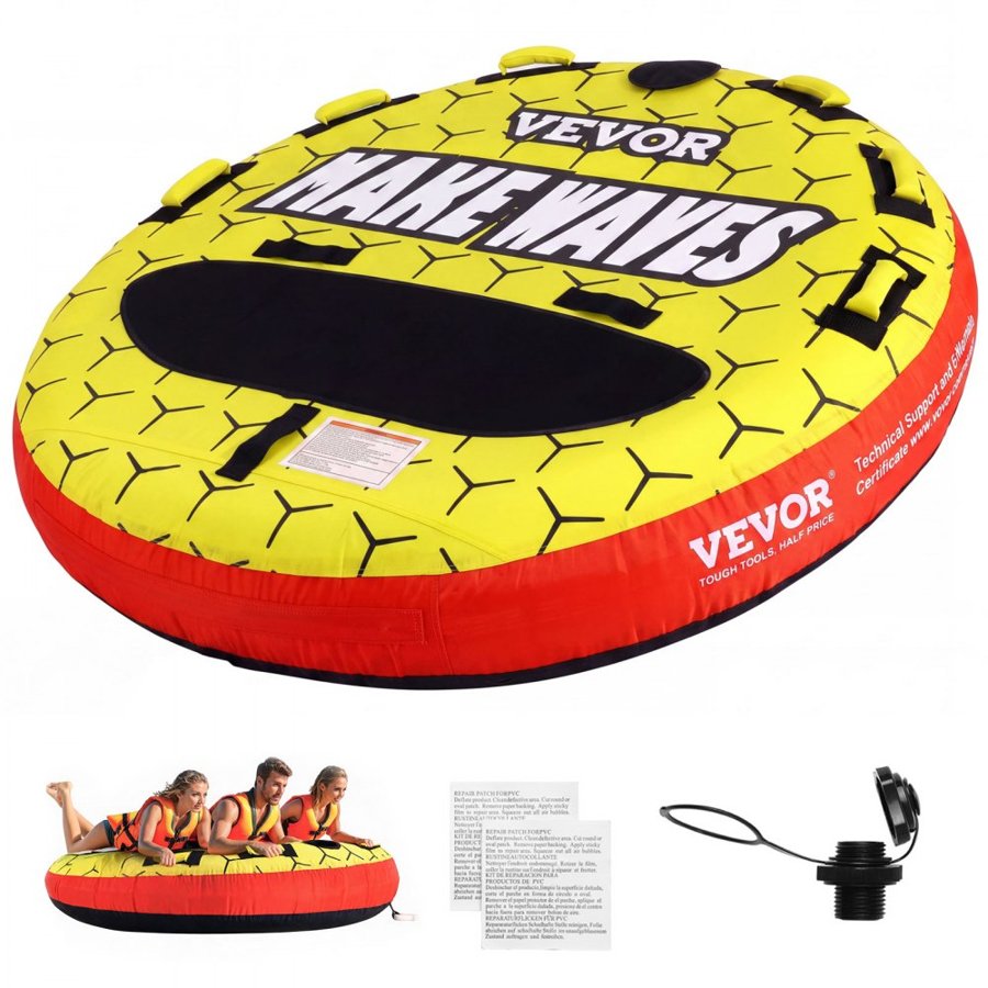 VEVOR Towable Tube for Boating, 1-3 Riders Inflatable Boat Tubes and Towables, 510 lbs, 63" Round Water Sport Towable Tubes for Boats to Pull, Full Nylon Cover, EVA Grab Handles and Speed Safety Valve