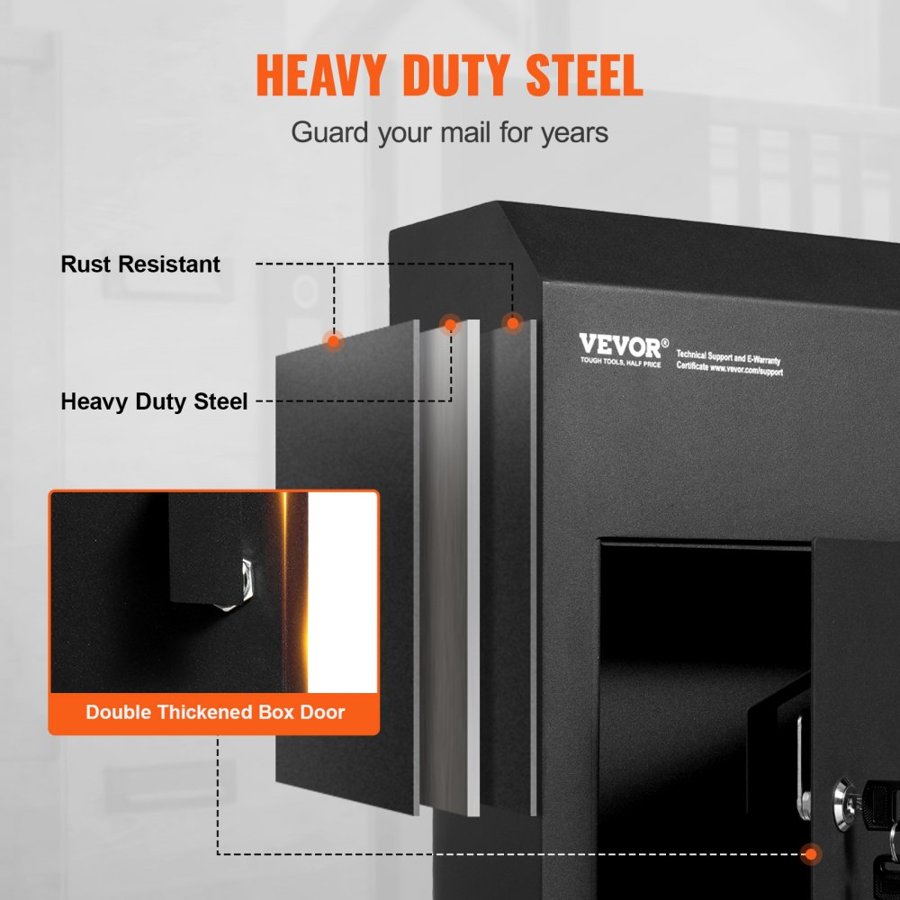 VEVOR Through The Door Key Drop Box 30.5x15.2x40.6 cm Mailbox with 4.6cm 30.5cm Key Lock Black