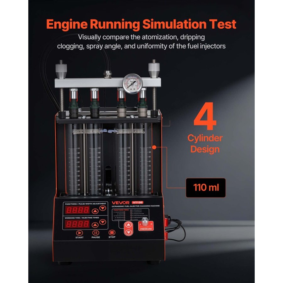 VEVOR Fuel Injector Cleaner Tester, 9 Test Modes, 4-Cylinder 28kHz Ultrasonic Cleaning Machine, Automotive Injector Cleaner Machine with Drain Valve and 12V Working Voltage for Car and Motorcycle