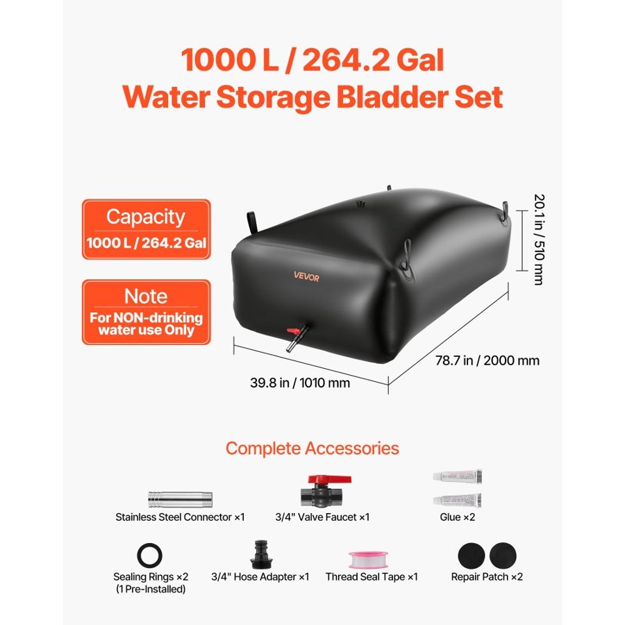 VEVOR Water Storage Bladder, 1000L Portable & Collapsible Water Storage Bag, Wear-Resistant 1000D PVC Soft Waters Bag, Leakproof Camping Tank Containers for Garden Irrigation RV Emergency Use, Black