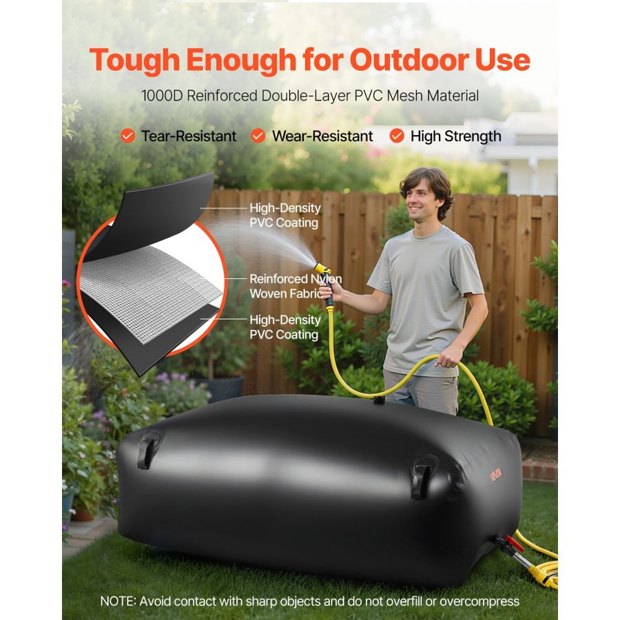 VEVOR Water Storage Bladder, 1000L Portable & Collapsible Water Storage Bag, Wear-Resistant 1000D PVC Soft Waters Bag, Leakproof Camping Tank Containers for Garden Irrigation RV Emergency Use, Black