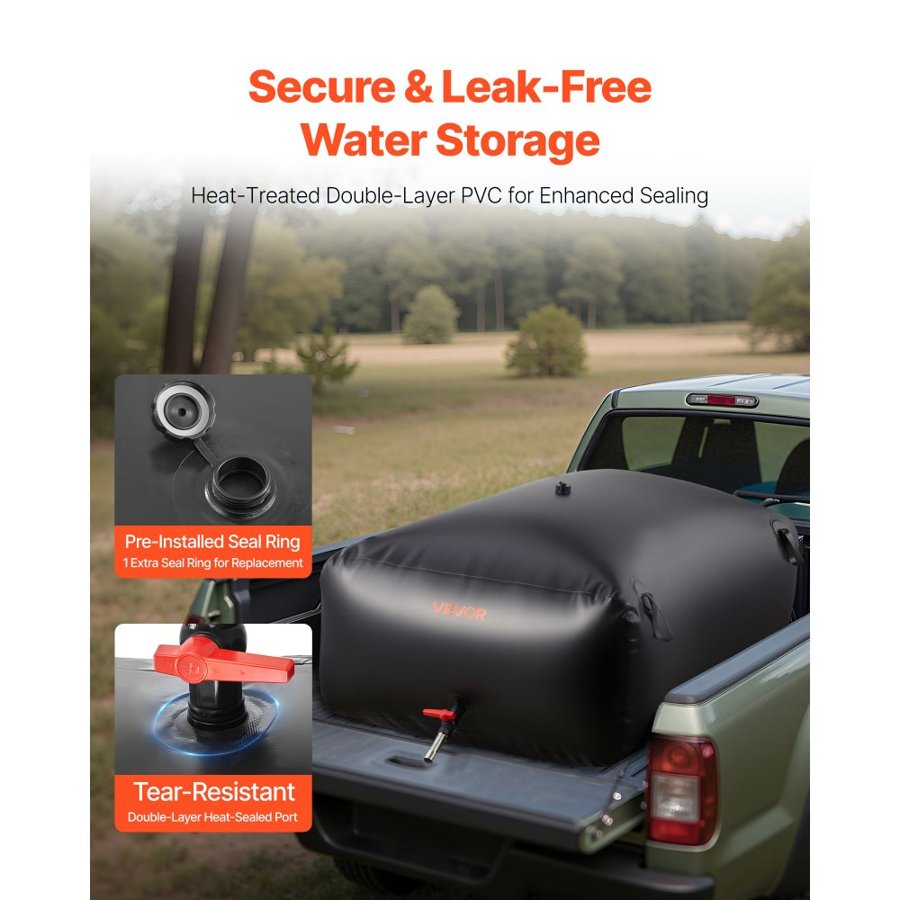 VEVOR Water Storage Bladder, 1000L Portable & Collapsible Water Storage Bag, Wear-Resistant 1000D PVC Soft Waters Bag, Leakproof Camping Tank Containers for Garden Irrigation RV Emergency Use, Black