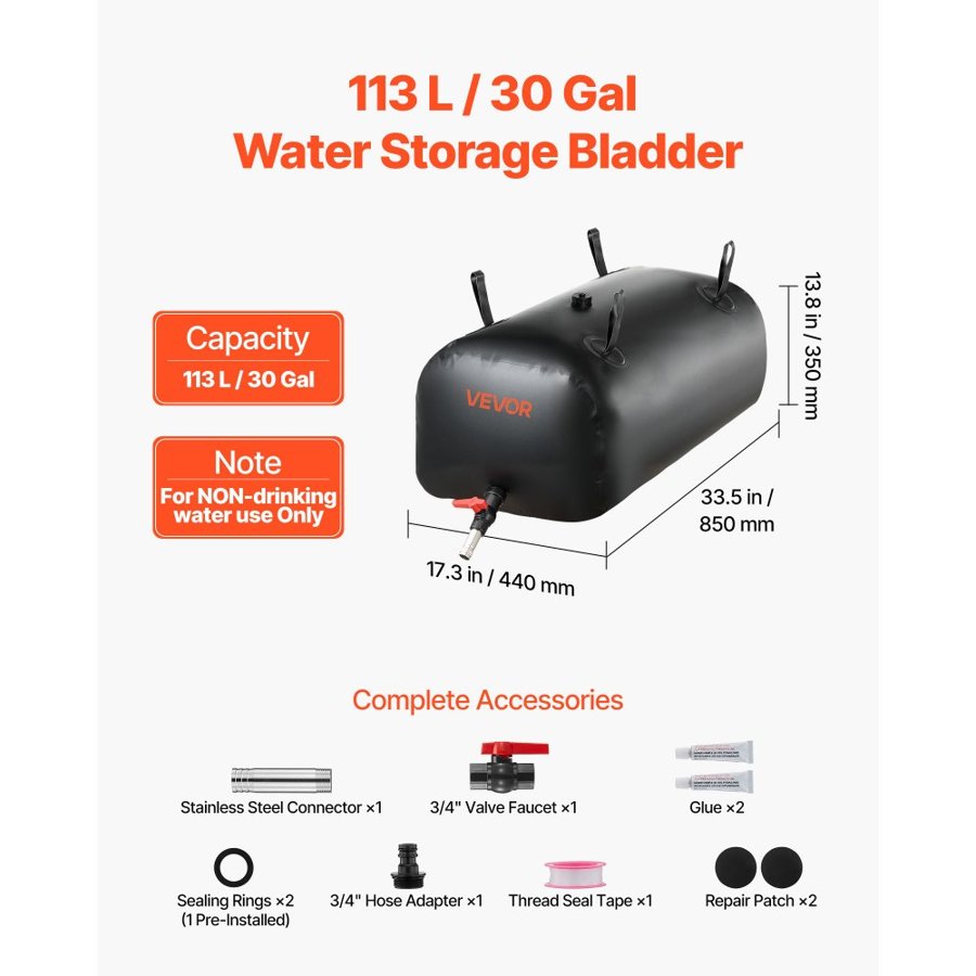VEVOR Water Storage Bladder, 113L Portable & Collapsible Water Storage Bag, Wear-Resistant 1000D PVC Soft Waters Bag, Leakproof Camping Tank Containers for Garden Irrigation RV Emergency Use, Black