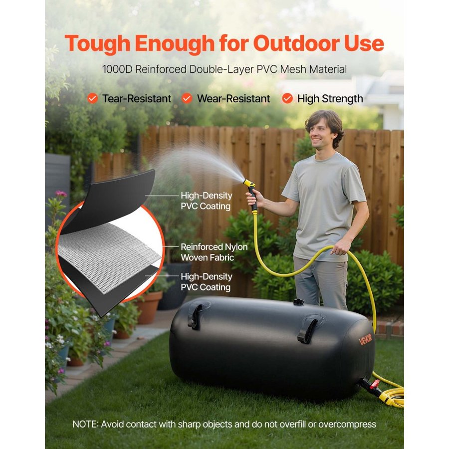 VEVOR Water Storage Bladder, 113L Portable & Collapsible Water Storage Bag, Wear-Resistant 1000D PVC Soft Waters Bag, Leakproof Camping Tank Containers for Garden Irrigation RV Emergency Use, Black