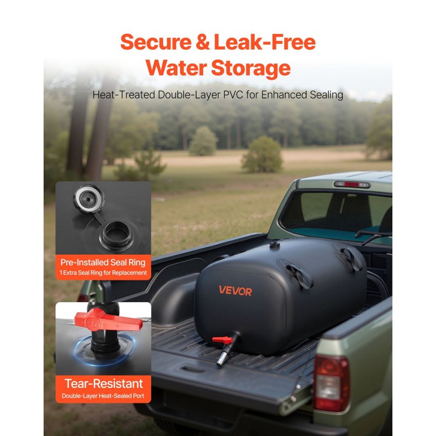 VEVOR Water Storage Bladder, 113L Portable & Collapsible Water Storage Bag, Wear-Resistant 1000D PVC Soft Waters Bag, Leakproof Camping Tank Containers for Garden Irrigation RV Emergency Use, Black
