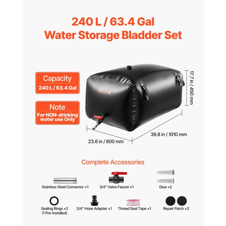 VEVOR Water Storage Bladder, 240L Portable & Collapsible Water Storage Bag, Wear-Resistant 1000D PVC Soft Waters Bag, Leakproof Camping Tank Containers for Garden Irrigation RV Emergency Use, Black