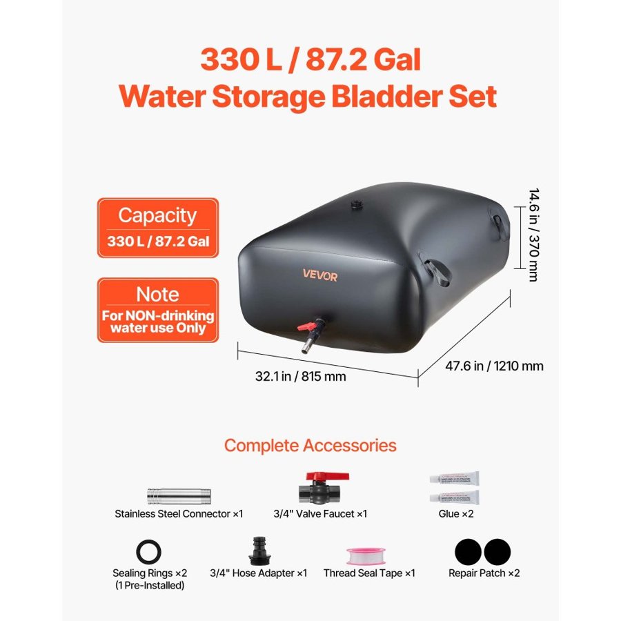 VEVOR Water Storage Bladder, 330L Portable & Collapsible Water Storage Bag, Wear-Resistant 1000D PVC Soft Waters Bag, Leakproof Camping Tank Containers for Garden Irrigation RV Emergency Use, Black