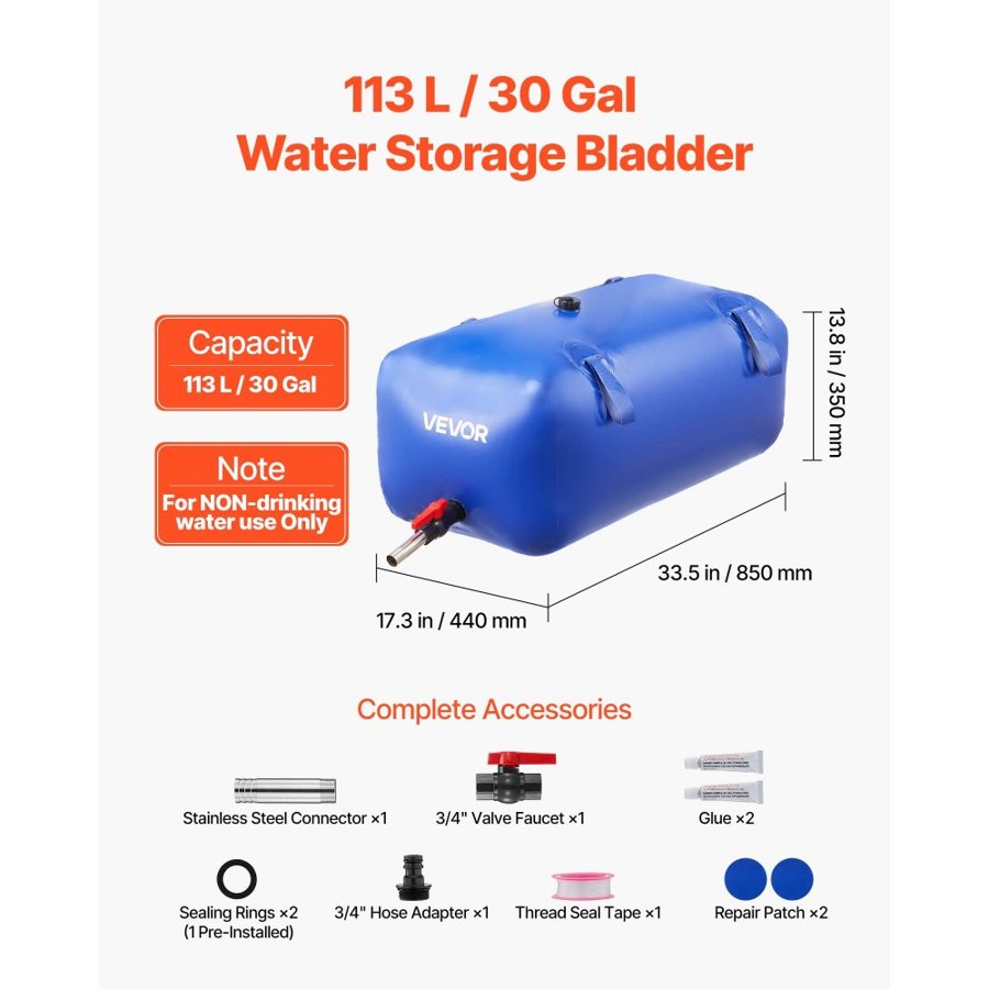 VEVOR Bladder Bag Water Storage – 30 Gal, PVC Water Tank