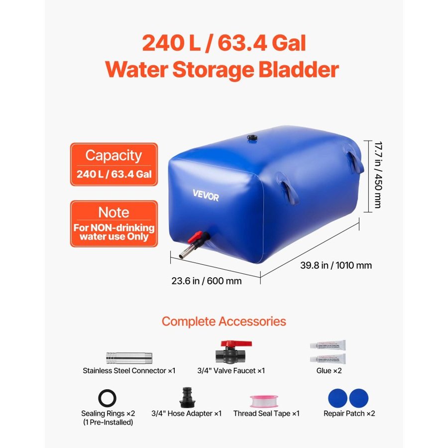 VEVOR Water Bladder for RV – 63.4 Gal, 1000D PVC, 5°F–167°F
