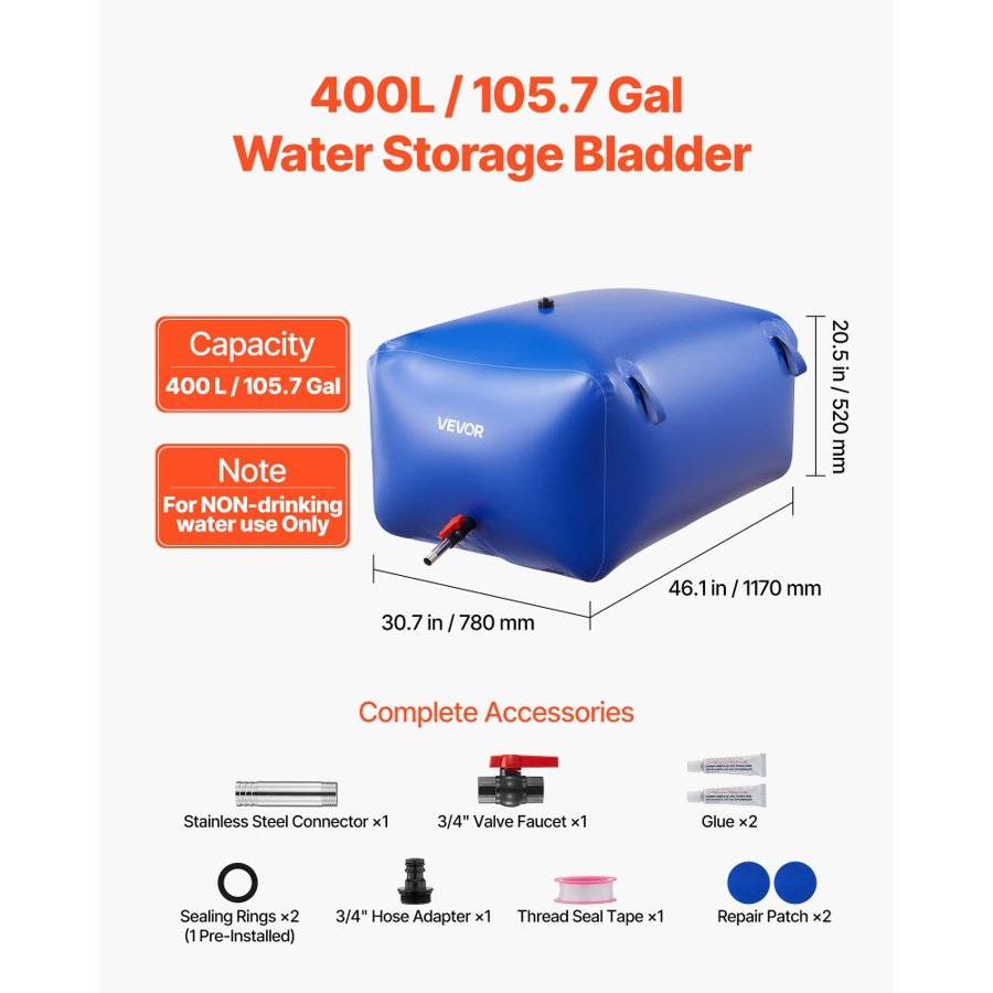 VEVOR PVC Water Storage Tank – 105.7 Gal, 5°F to 167°F