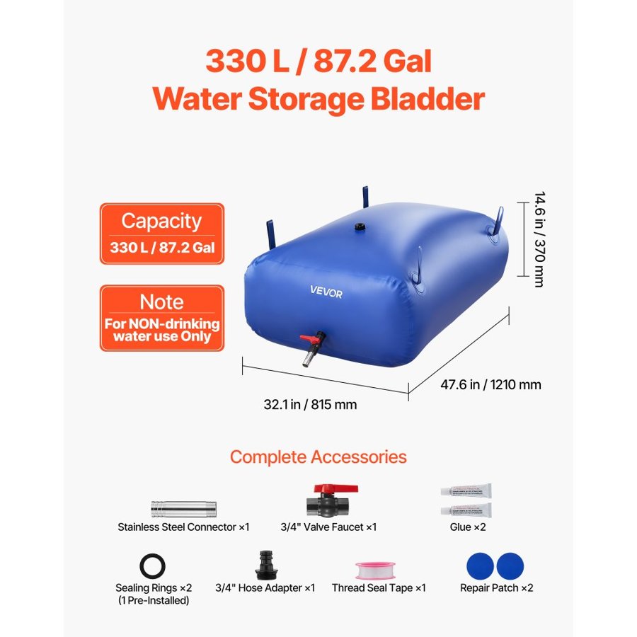 VEVOR Water Storage Bladder, 330L Portable & Collapsible Water Storage Bag, Wear-Resistant 1000D PVC Soft Waters Bag, Leakproof Camping Tank Containers for Garden Irrigation RV Emergency Use, Blue