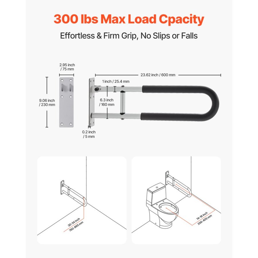 VEVOR Toilet Safety Rail, 23.8 Inch U-Shaped Handicap Grab Bar, Foldable Senior Safety Pole, Flip Up Toilet Grab Bar with Anti-Slip Support Handle, 300 Lb Load Capacity for Elderly, Disabled, Pregnant